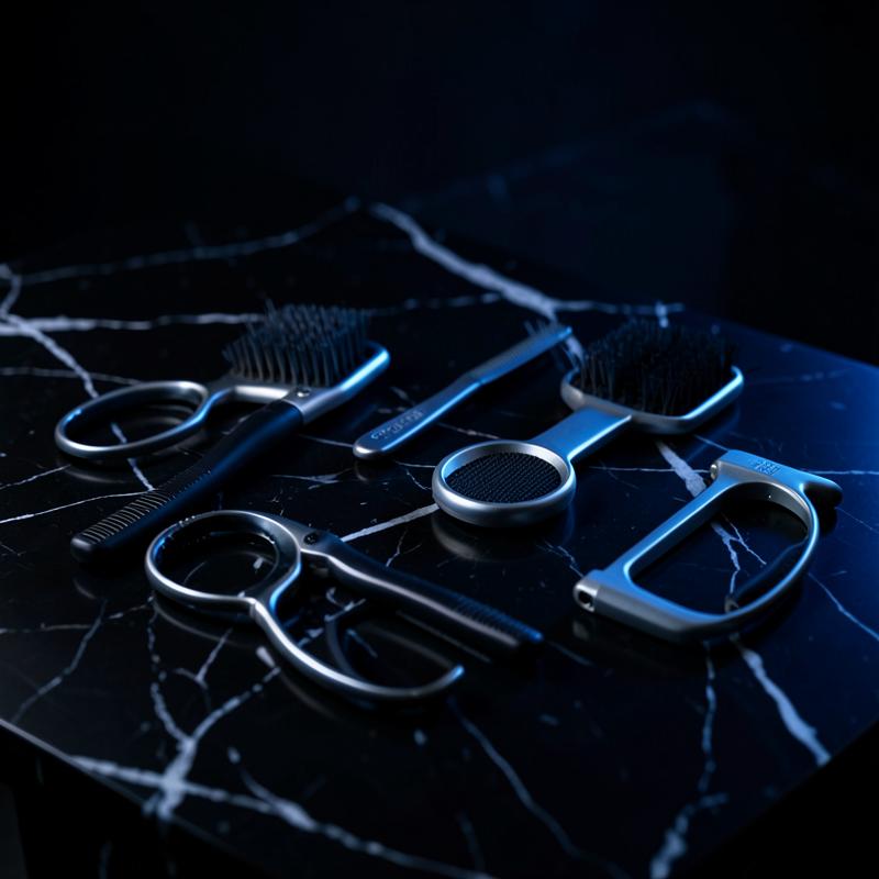 Herramientas profesionales de grooming sobre superficie oscura