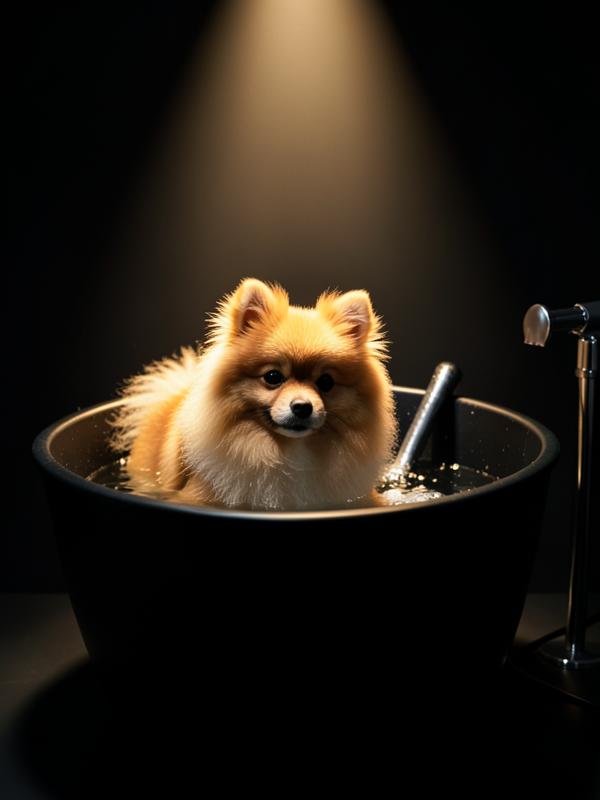 Pomerania disfrutando un baño terapéutico en ambiente de estudio